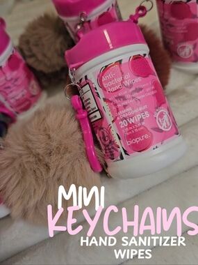 Mini Keychain Antibacterial Hand Wipes Canister with Tan Pom Keychain